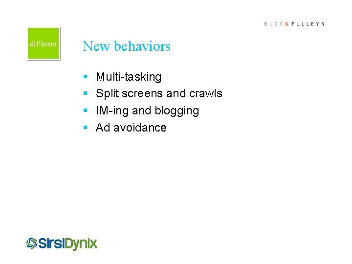 Cover this box with art New behaviors § § Multi-tasking Split screens and crawls