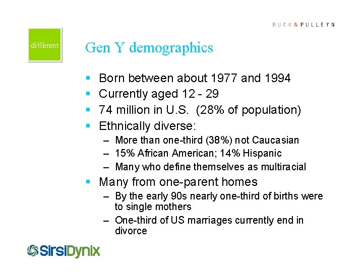 Cover this box with art Gen Y demographics § § Born between about 1977