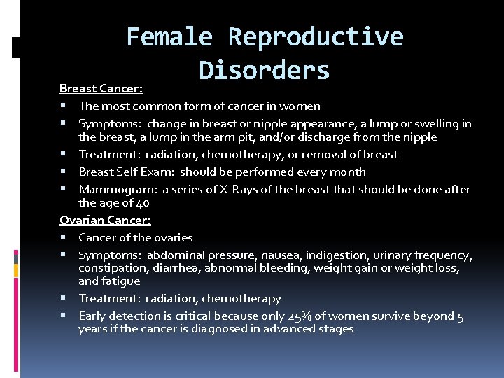 Female Reproductive Disorders Breast Cancer: The most common form of cancer in women Symptoms: Female Reproductive Disorders Breast Cancer: The most common form of cancer in women Symptoms: