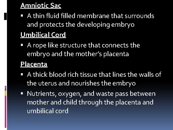 Amniotic Sac A thin fluid filled membrane that surrounds and protects the developing embryo Amniotic Sac A thin fluid filled membrane that surrounds and protects the developing embryo
