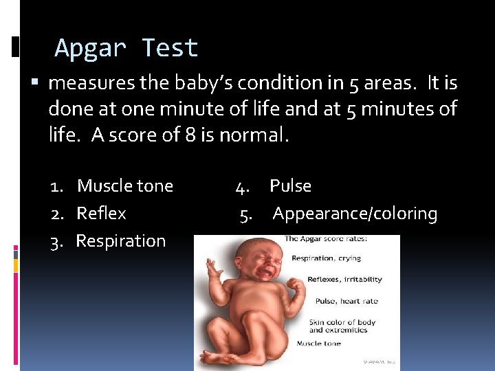 Apgar Test measures the baby’s condition in 5 areas. It is done at one Apgar Test measures the baby’s condition in 5 areas. It is done at one