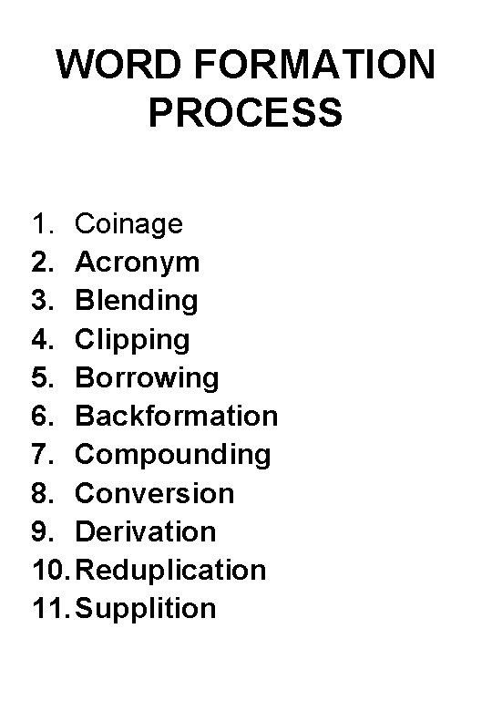 WORD FORMATION PROCESS 1. Coinage 2. Acronym 3. Blending 4. Clipping 5. Borrowing 6.