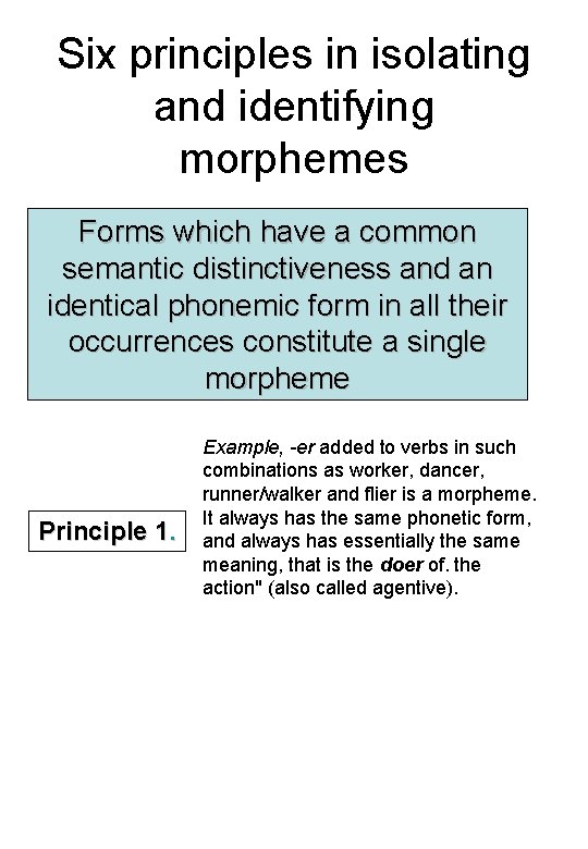 Six principles in isolating and identifying morphemes Forms which have a common semantic distinctiveness