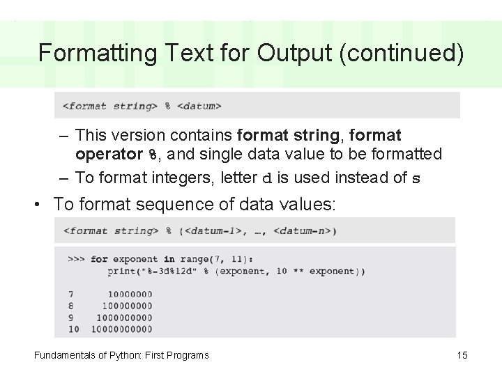 Formatting Text for Output (continued) – This version contains format string, format operator %,