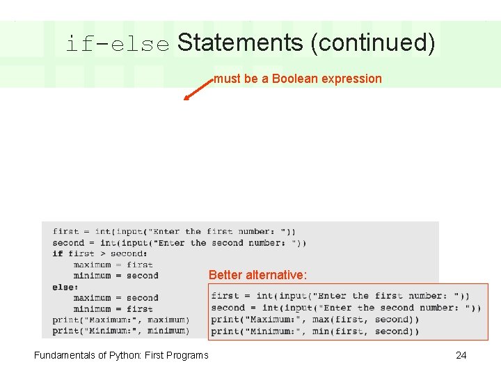 if-else Statements (continued) must be a Boolean expression Better alternative: Fundamentals of Python: First