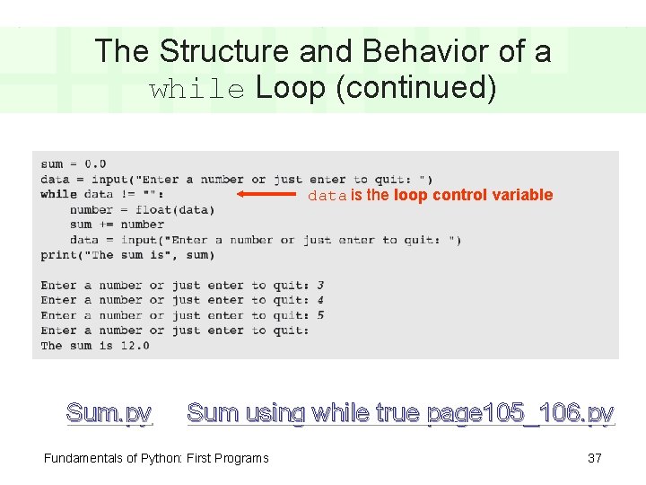 The Structure and Behavior of a while Loop (continued) data is the loop control