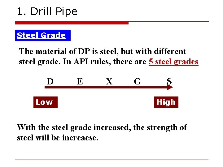 1. Drill Pipe Steel Grade The material of DP is steel, but with different