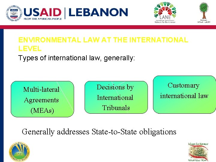 ENVIRONMENTAL LAW AT THE INTERNATIONAL LEVEL Types of international law, generally: Multi-lateral Agreements (MEAs) ENVIRONMENTAL LAW AT THE INTERNATIONAL LEVEL Types of international law, generally: Multi-lateral Agreements (MEAs)