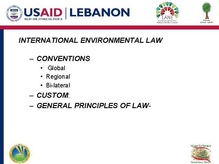 INTERNATIONAL ENVIRONMENTAL LAW – CONVENTIONS • Global • Regional • Bi-lateral – CUSTOM: – INTERNATIONAL ENVIRONMENTAL LAW – CONVENTIONS • Global • Regional • Bi-lateral – CUSTOM: –