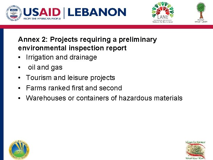 Annex 2: Projects requiring a preliminary environmental inspection report • Irrigation and drainage • Annex 2: Projects requiring a preliminary environmental inspection report • Irrigation and drainage •