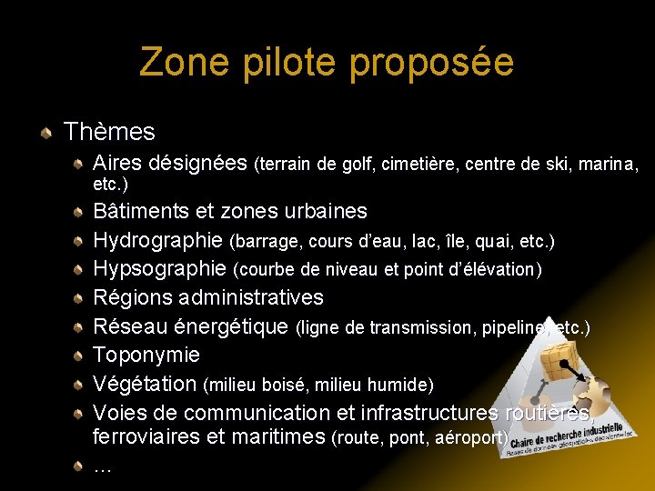 Zone pilote proposée Thèmes Aires désignées (terrain de golf, cimetière, centre de ski, marina,