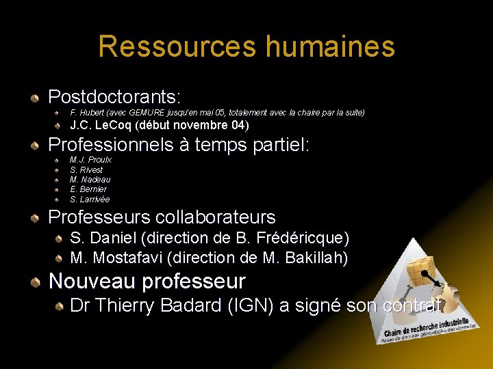 Ressources humaines Postdoctorants: F. Hubert (avec GEMURE jusqu'en mai 05, totalement avec la chaire