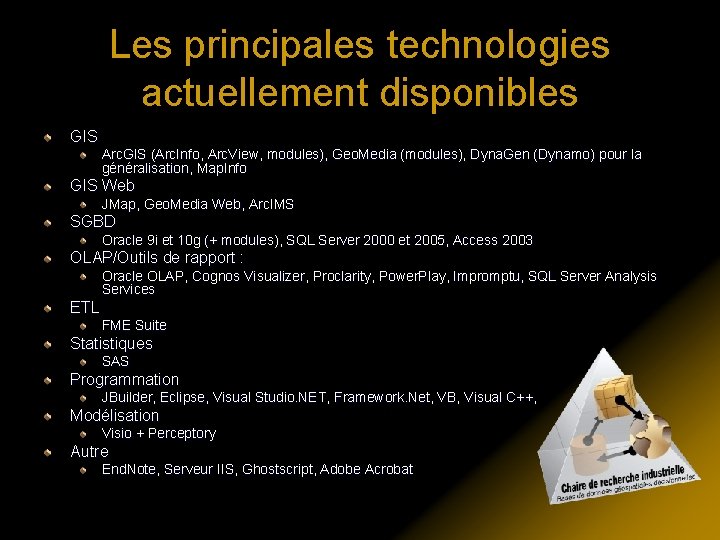 Les principales technologies actuellement disponibles GIS Arc. GIS (Arc. Info, Arc. View, modules), Geo.