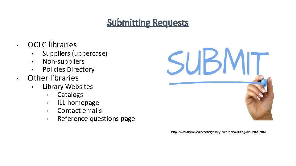 Submitting Requests • • OCLC libraries • • • Suppliers (uppercase) Non-suppliers Policies Directory