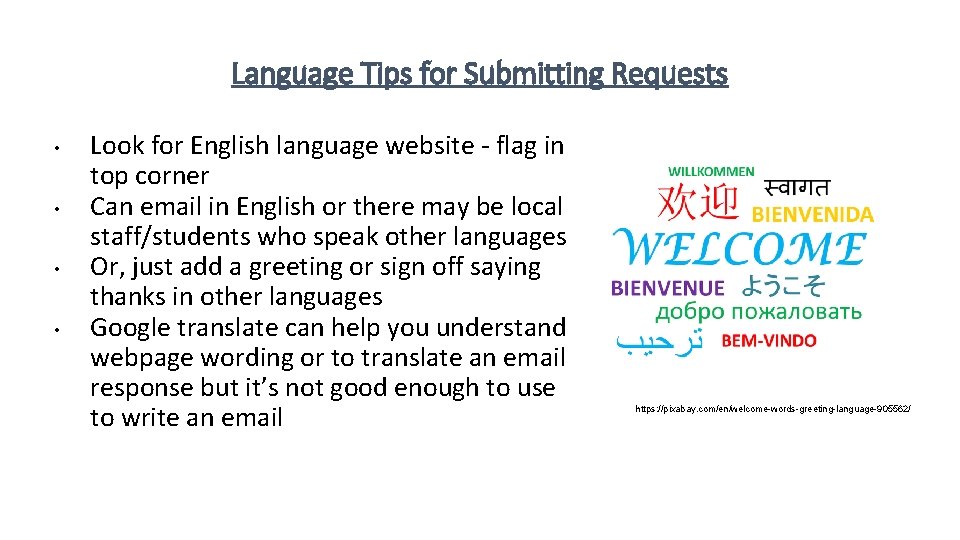 Language Tips for Submitting Requests • • Look for English language website - flag