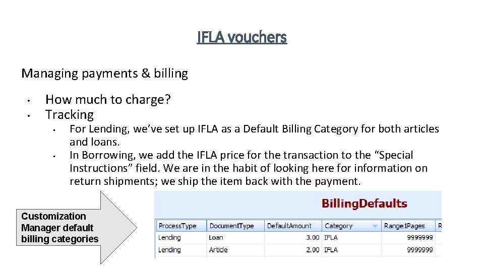 IFLA vouchers Managing payments & billing • • How much to charge? Tracking •