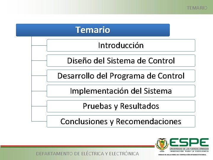 TEMARIO Temario Introducción Diseño del Sistema de Control Desarrollo del Programa de Control Implementación