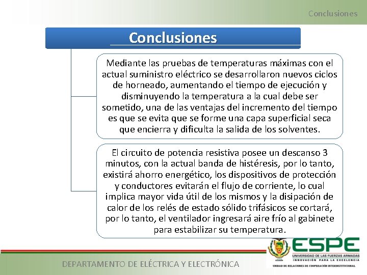 Conclusiones Mediante las pruebas de temperaturas máximas con el actual suministro eléctrico se desarrollaron