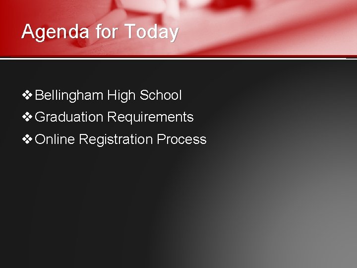 Agenda for Today v Bellingham High School v Graduation Requirements v Online Registration Process
