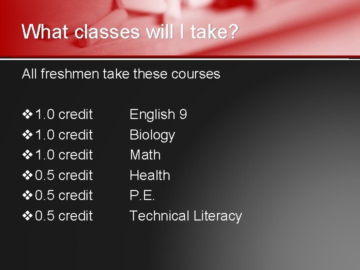 What classes will I take? All freshmen take these courses v 1. 0 credit