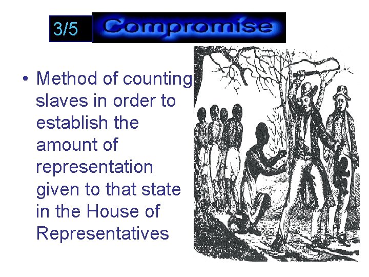 3/5 • Method of counting slaves in order to establish the amount of representation 3/5 • Method of counting slaves in order to establish the amount of representation