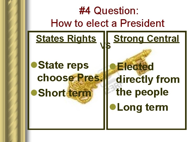 #4 Question: How to elect a President States Rights VS Strong Central l. State