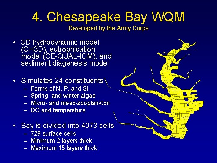4. Chesapeake Bay WQM Developed by the Army Corps • 3 D hydrodynamic model 4. Chesapeake Bay WQM Developed by the Army Corps • 3 D hydrodynamic model