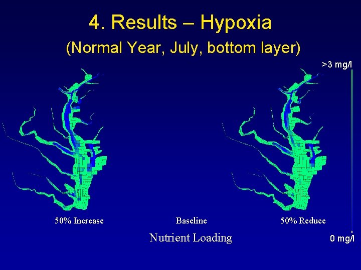 4. Results – Hypoxia (Normal Year, July, bottom layer) >3 mg/l 50% Increase Baseline 4. Results – Hypoxia (Normal Year, July, bottom layer) >3 mg/l 50% Increase Baseline