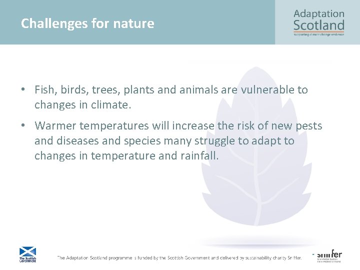 Challenges for nature • Fish, birds, trees, plants and animals are vulnerable to changes