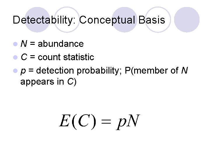 Detectability: Conceptual Basis l. N = abundance l C = count statistic l p Detectability: Conceptual Basis l. N = abundance l C = count statistic l p