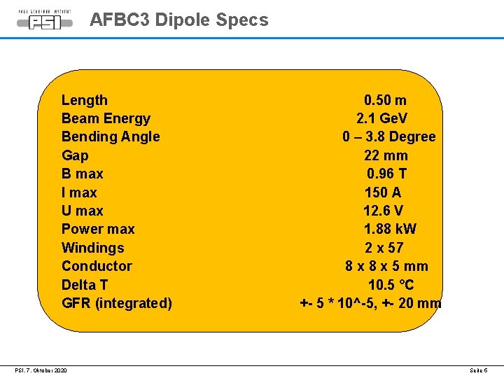 AFBC 3 Dipole Specs Length Beam Energy Bending Angle Gap B max I max