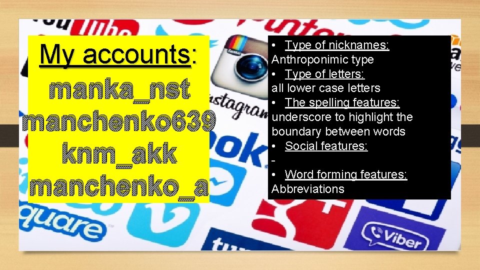 My accounts: manka_nst manchenko 639 knm_akk manchenko_a • Type of nicknames: Anthroponimic type •