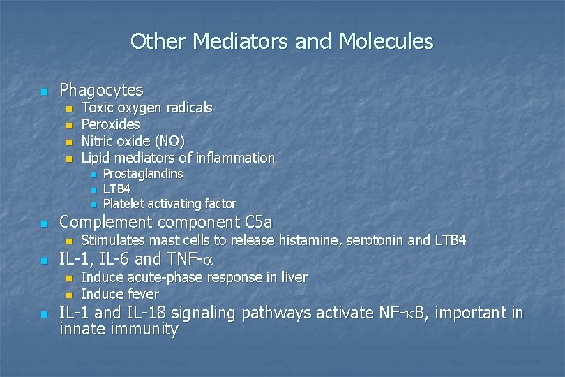 Other Mediators and Molecules n Phagocytes n n Toxic oxygen radicals Peroxides Nitric oxide