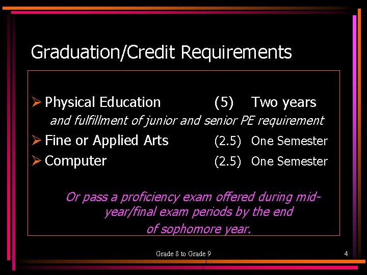 Graduation/Credit Requirements Ø Physical Education (5) Two years and fulfillment of junior and senior