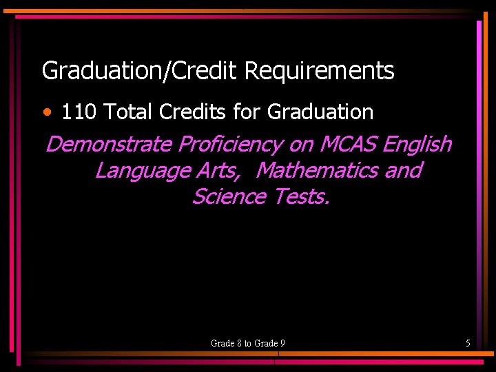 Graduation/Credit Requirements • 110 Total Credits for Graduation Demonstrate Proficiency on MCAS English Language