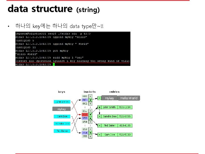data structure • (string) 하나의 key에는 하나의 data type만~!! mykey Hello World 