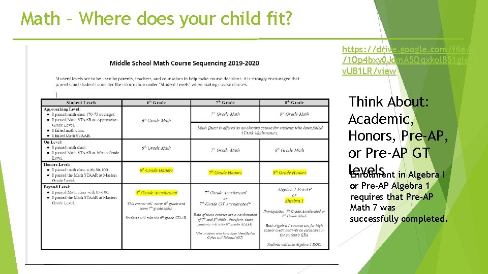 Math – Where does your child fit? https: //drive. google. com/file/d /1 Op 4