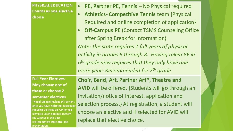PHYSICAL EDUCATION Counts as one elective choice • PE, Partner PE, Tennis – No