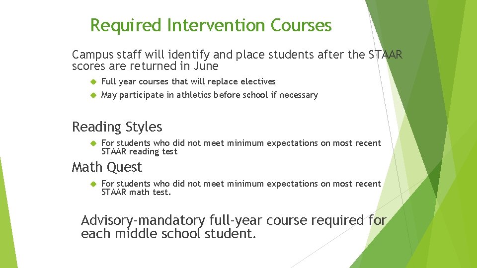 Required Intervention Courses Campus staff will identify and place students after the STAAR scores
