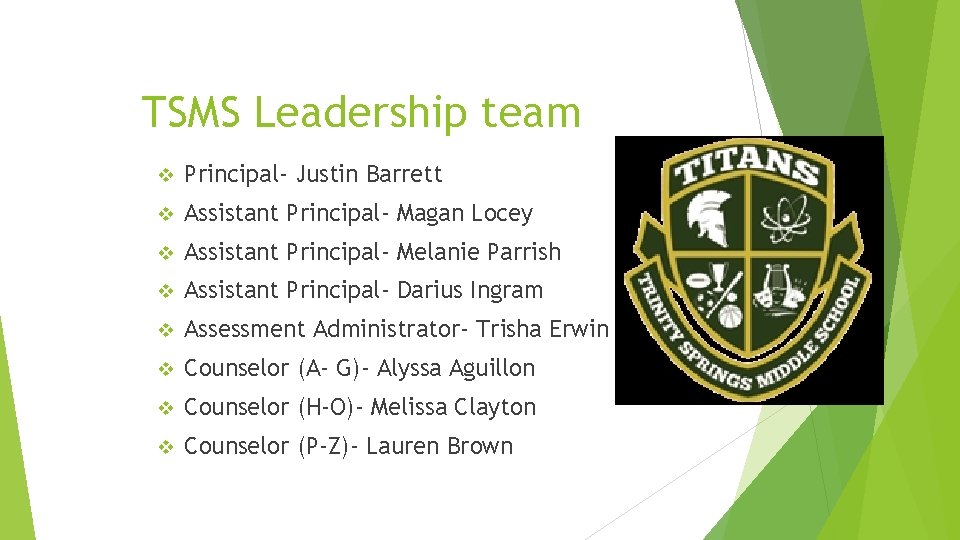 TSMS Leadership team v Principal- Justin Barrett v Assistant Principal- Magan Locey v Assistant