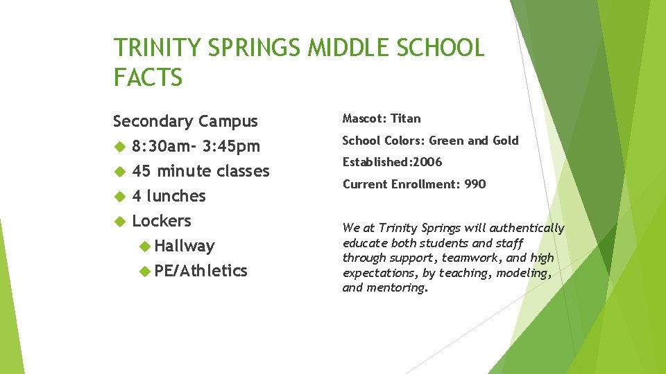 TRINITY SPRINGS MIDDLE SCHOOL FACTS Secondary Campus Mascot: Titan 8: 30 am- 3: 45