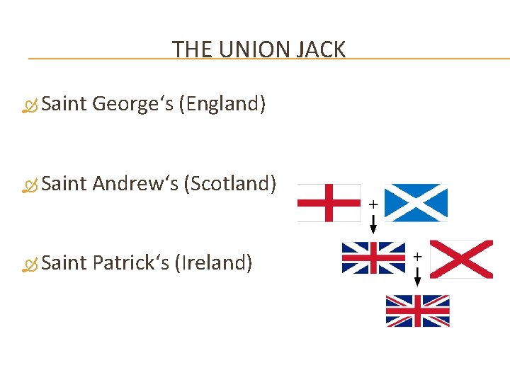 THE UNION JACK Saint George‘s (England) Saint Andrew‘s (Scotland) Saint Patrick‘s (Ireland) 