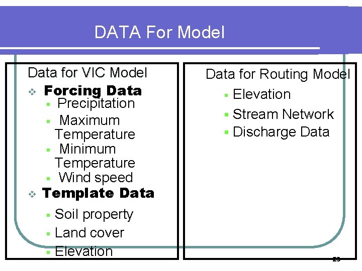 DATA For Model Data for VIC Model v Forcing Data § Precipitation § Maximum