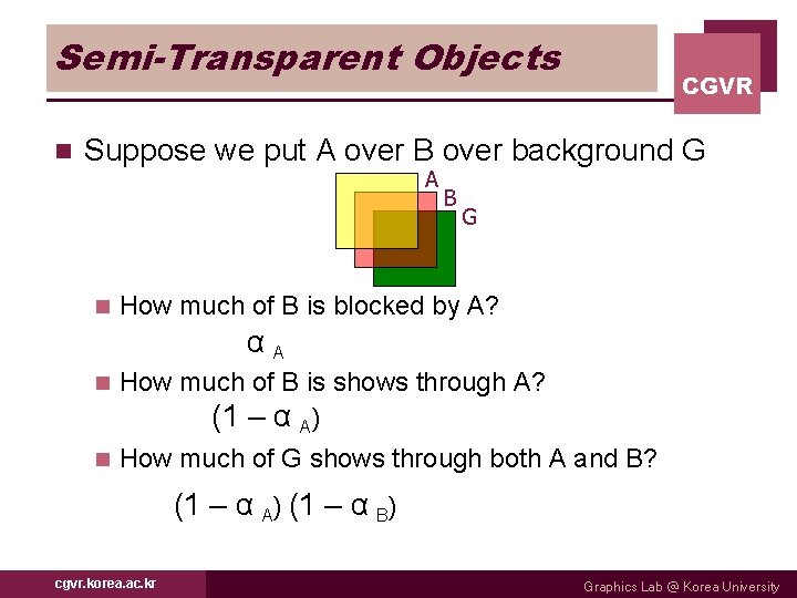 Semi-Transparent Objects n CGVR Suppose we put A over B over background G A