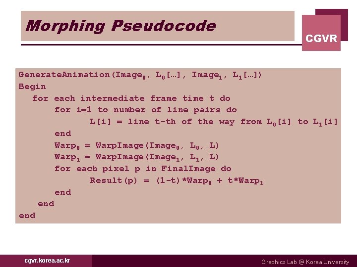 Morphing Pseudocode CGVR Generate. Animation(Image 0, L 0[…], Image 1, L 1[…]) Begin for