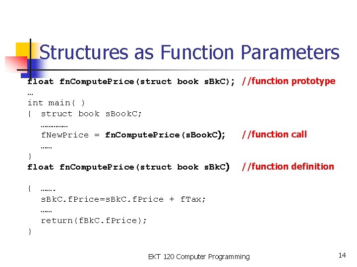 Structures as Function Parameters …… float fn. Compute. Price(struct book s. Bk. C); //function