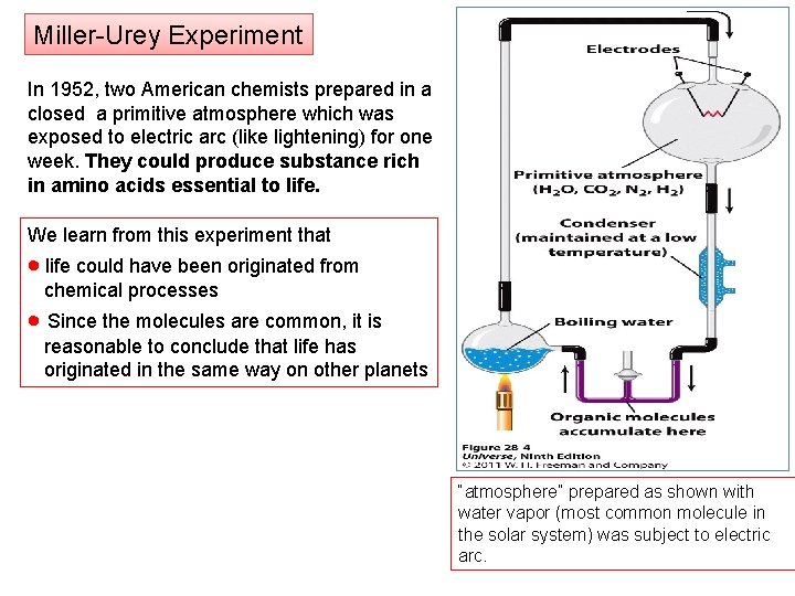 Miller-Urey Experiment In 1952, two American chemists prepared in a closed a primitive atmosphere