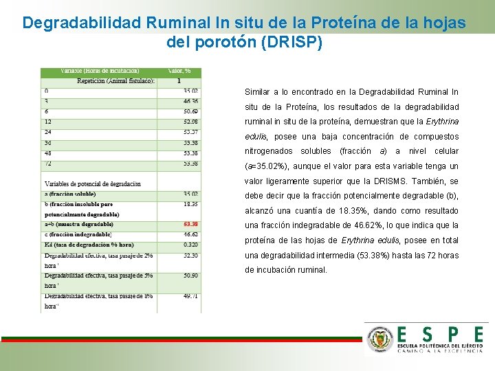 Degradabilidad Ruminal In situ de la Proteína de la hojas del porotón (DRISP) Similar