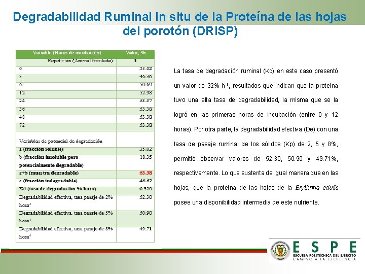 Degradabilidad Ruminal In situ de la Proteína de las hojas del porotón (DRISP) La Degradabilidad Ruminal In situ de la Proteína de las hojas del porotón (DRISP) La