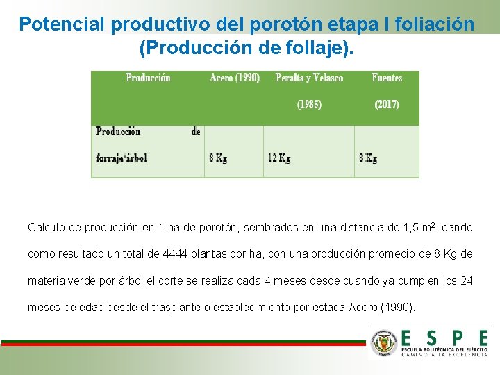 Potencial productivo del porotón etapa I foliación (Producción de follaje). Calculo de producción en